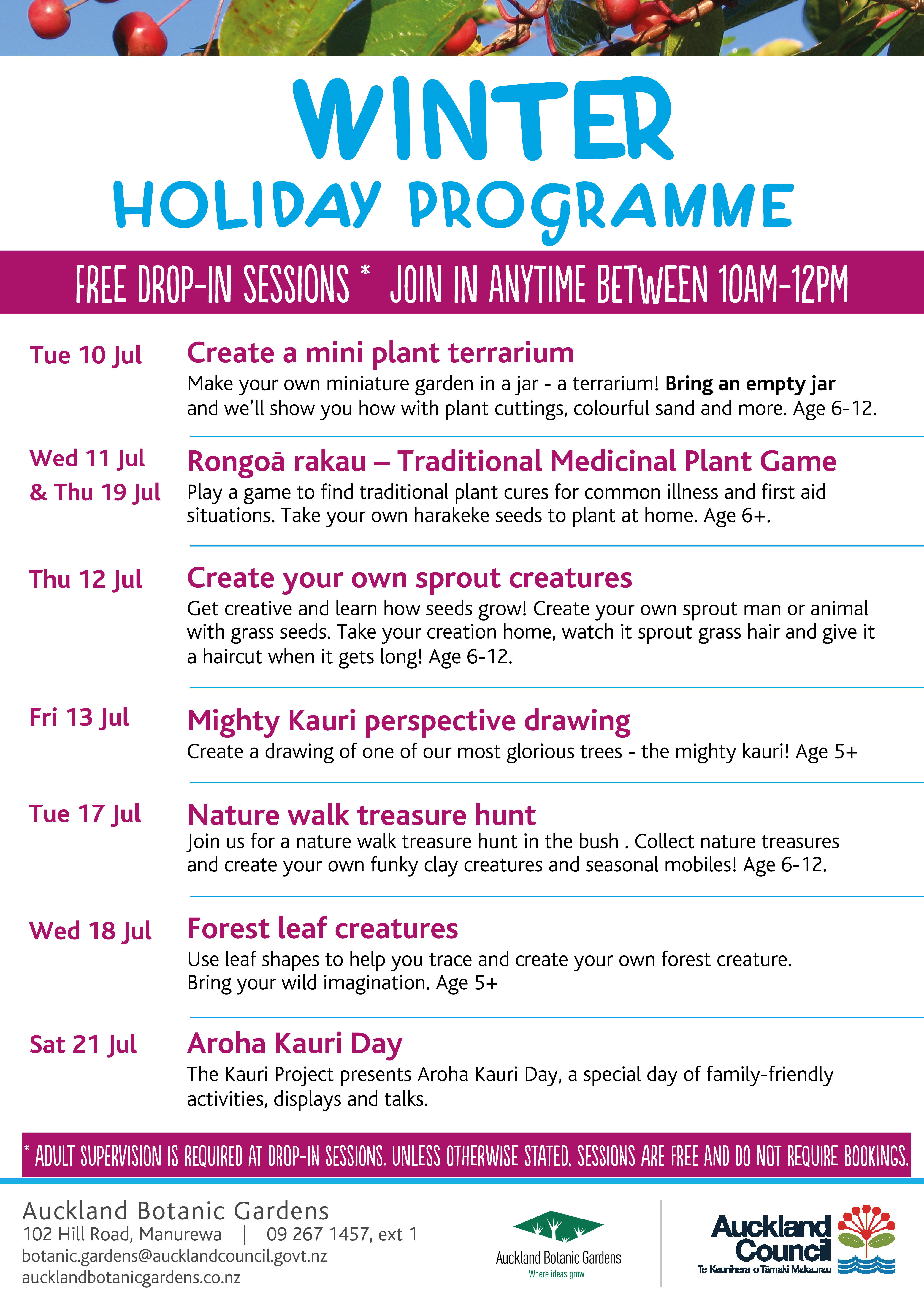 July school holiday programme Auckland Botanic Gardens