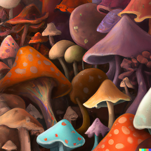 DALL·E 2023 03 29 16.22.35 Huge Bunch Of Different Coloured Mushrooms, Digital Art