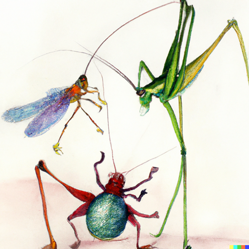 DALL·E 2023 03 30 20.38.07 Watercolour Of Ladybird, Stick Insect, Grasshopper Dancing Together