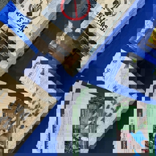  Image shows wooden pest traps with a sticker on top saying 'keep hands clear' alongside some brochures from Forest and Bird.